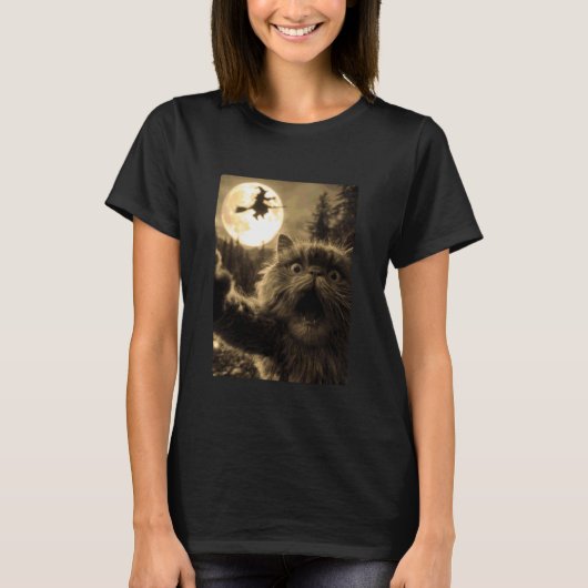 面白いペルシャ猫の自撮り満月空飛ぶ魔女ハ Tシャツ (正面)