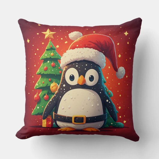 🐧 面白いペンギンのサンタのクリスマスイルミネーションテーマ 🎄 クッション (正面)