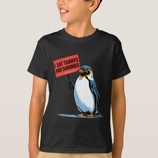 面白いペンギンの関税の駄洒落 私は関税といわしを食べる Tシャツ (正面)