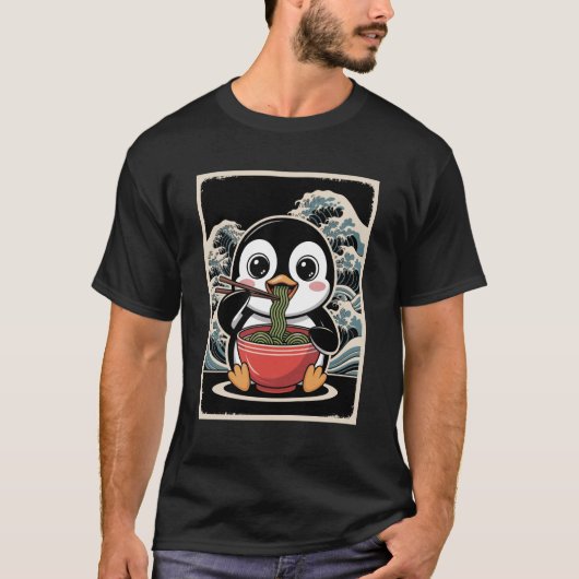 面白いペンギン日本のラーメンかわいい食品L Tシャツ (正面)