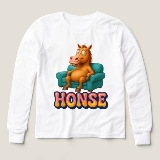 面白いホンセ・ミームの馬がソファに座っている子供Tシャツ (デザイン正面)