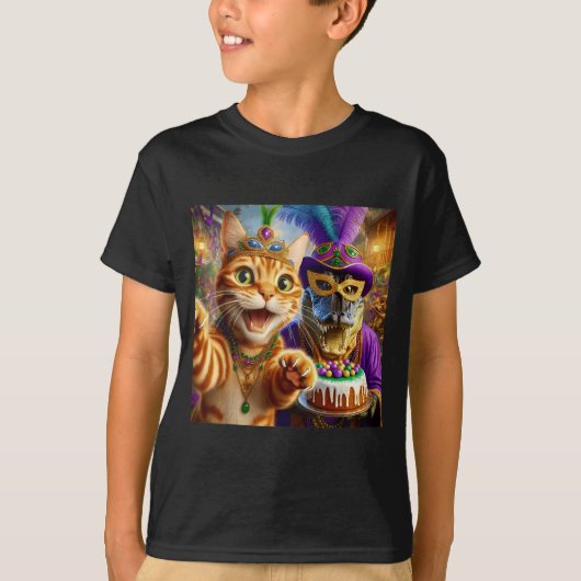 面白いマルディグラのセルフィー猫ワニの引用 Tシャツ (正面)