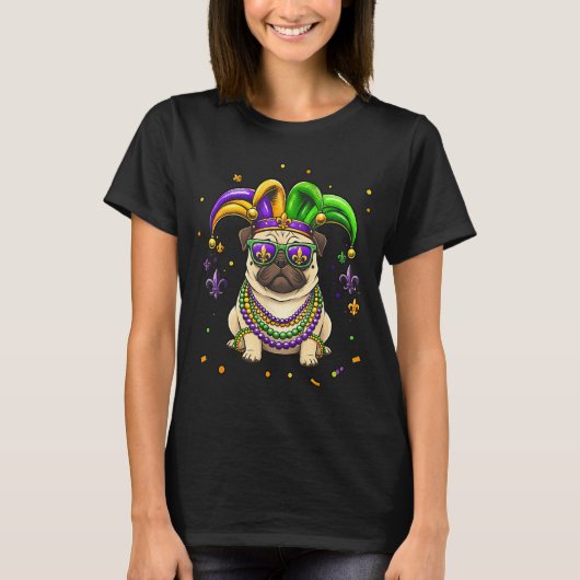 面白いマルディグラスパールのパグの祭りカーニバルの犬好き Tシャツ (正面)