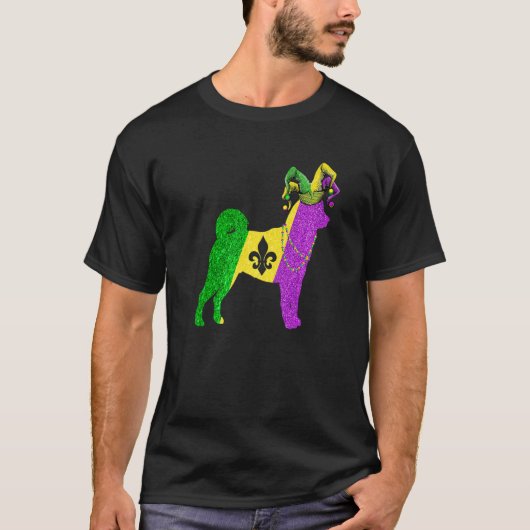面白いマーディ・グラス柴犬マーディ・グラス帽子ビーズ Tシャツ (正面)