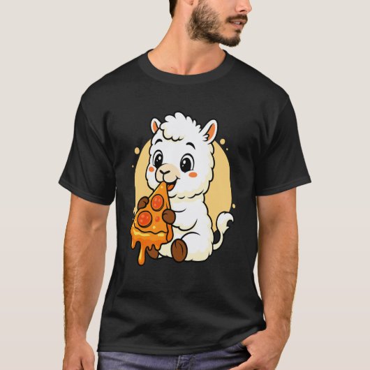 面白いラマのピザ食べるグラフィック 少年少女 ラマ好き Tシャツ (正面)
