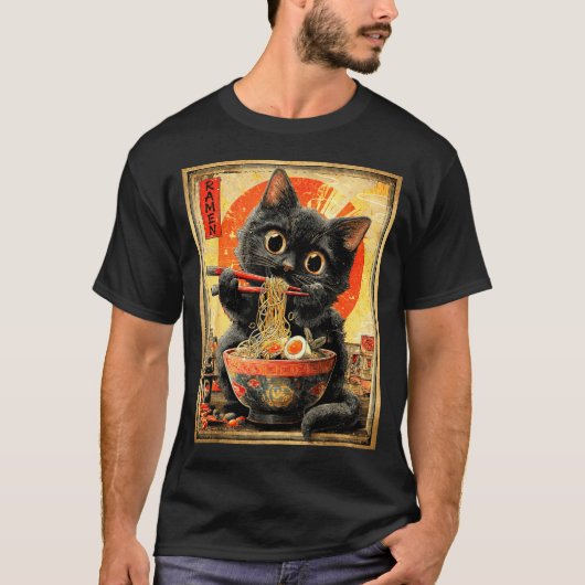面白いラーメン猫ヌードルラバーアニメオタク Tシャツ (正面)