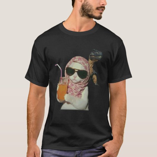 面白いリラックスネコ恐竜ミーム 男女兼用 ネコ好き Tシャツ (正面)