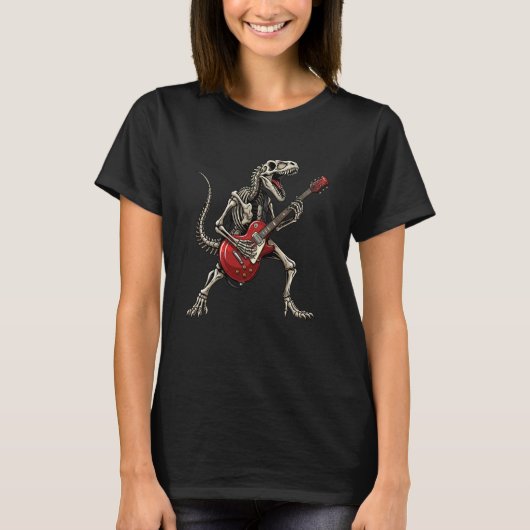 面白いロック スケルトン 恐竜 ギター エレキギター Tシャツ (正面)