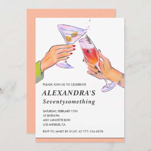 面白いローズゴールドカクテルシャンパン 74歳の誕生日 招待状 (正面/裏面)