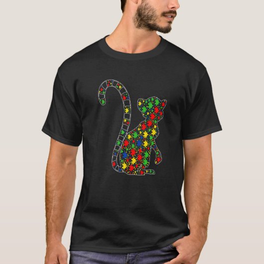 面白いワオキツネザル動物パズルピース 自閉症啓発 Tシャツ (正面)