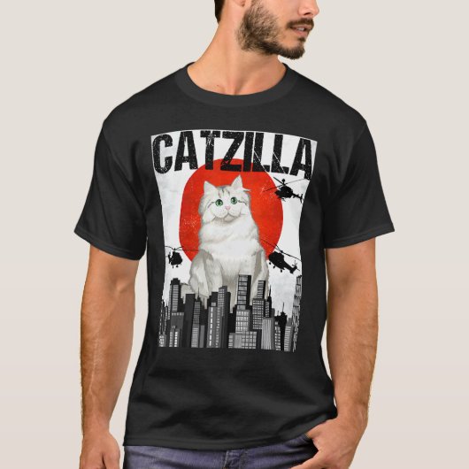 面白いヴィンテージ風日本のかわいい巨大猫 Tシャツ (正面)