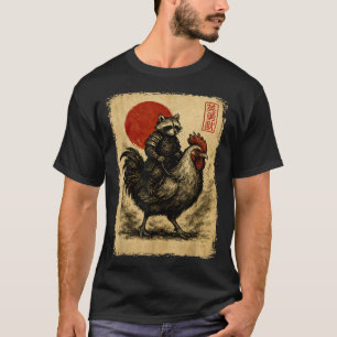 面白いヴィンテージ・アライグマ・ニワトリ・日本浮世絵 Tシャツ