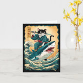 面白い侍猫がサメに乗る ヴィンテージ猫 アニメB カード (黄色い花)