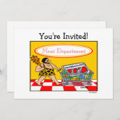 面白い原始人漫画 BBQ 肉好きパーティ 招待状 (正面/裏面)