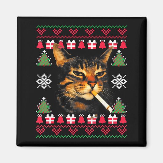 面白い喫煙猫のミーム ださいクリスマスセーター用 マグネット (正面)