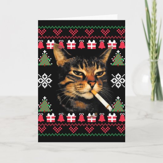 面白い喫煙猫のミーム ださいクリスマスセーター  カード (正面)