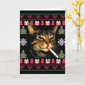 面白い喫煙猫のミーム ださいクリスマスセーター  カード (黄色い花)