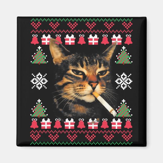 面白い喫煙猫のミーム ださいクリスマスセーター マグネット (正面)