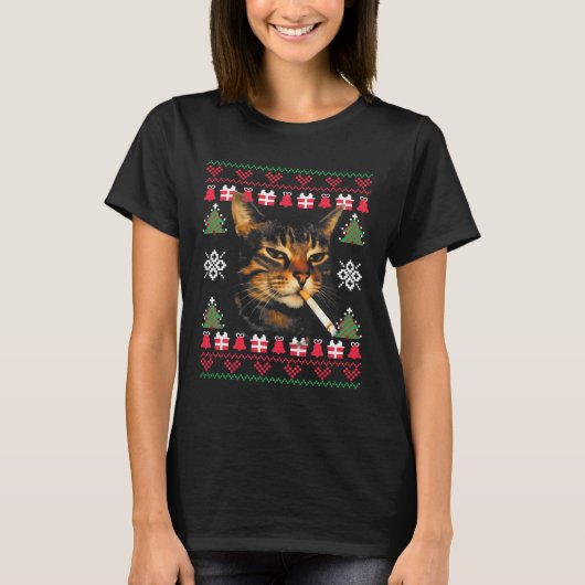 面白い喫煙猫のミーム ださいクリスマスセーター  Tシャツ (正面)