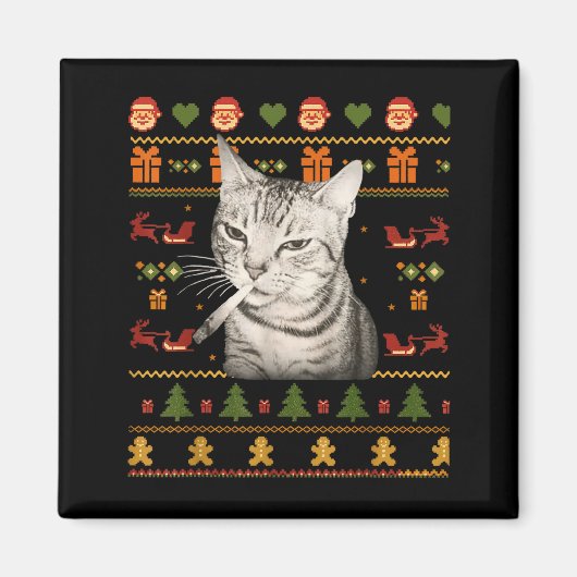 面白い喫煙猫のミーム クリスマスアグリーセーター マグネット (正面)