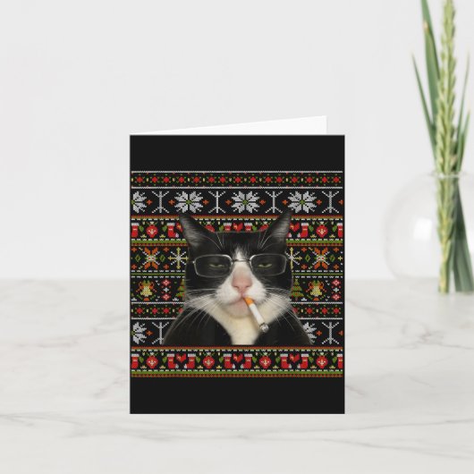 面白い喫煙猫のミーム クリスマスアグリーセーター 猫 カード (正面)