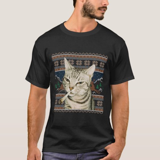 面白い喫煙猫ミーム クリスマスアガリースウェット猫 Tシャツ (正面)