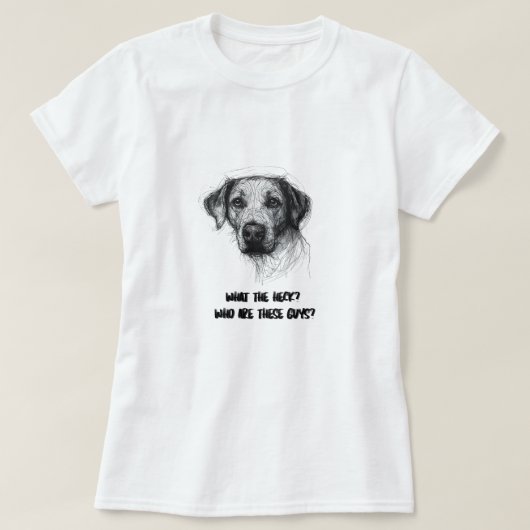 面白い困惑犬のTシャツ – この人たちは誰? Tシャツ (デザイン正面)