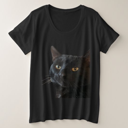 面白い変わった表情の黒猫のカットアウト プラスサイズTシャツ (デザイン正面)