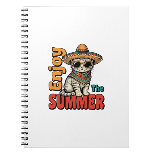面白い夏の猫ソンブレロビンテージの彫刻デザイン ノートブック (正面)