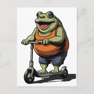 面白い太ったカエルがスクーターに乗ったキャラクター絵 ポストカード