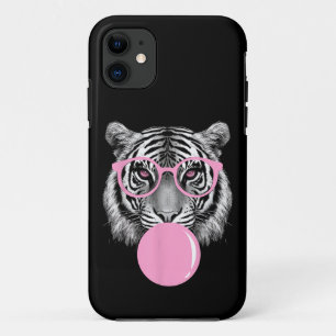 面白い女性のトラのメガネとピンクの風船ガムのアニメ iPhone 11 ケース