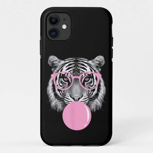 面白い女性のトラのメガネとピンクの風船ガムのアニメ Case-Mate iPhoneケース (裏面)
