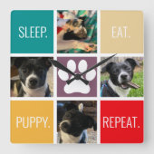 面白い子犬の睡眠は、繰り返し犬の恋人カラフル食べる スクエア壁時計 (正面)