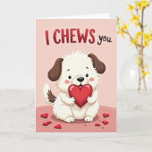 面白い子犬 I Chews You カード (黄色い花)