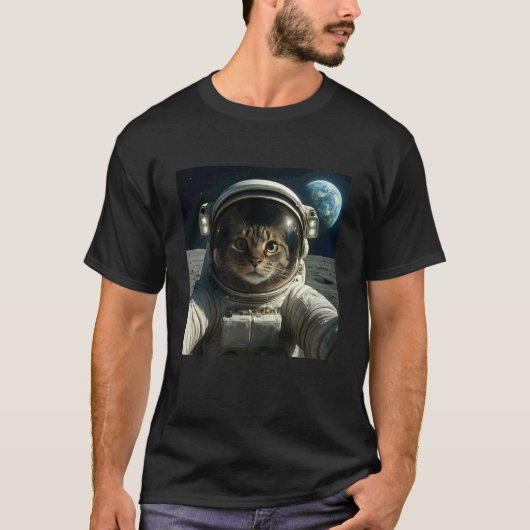 面白い宇宙の猫宇宙飛行士ミーム惑星 Tシャツ (正面)