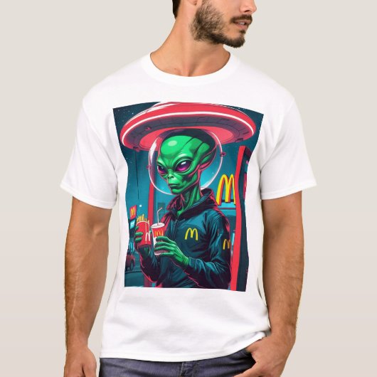 面白い宇宙人のファストフードデザイン Tシャツ (正面)
