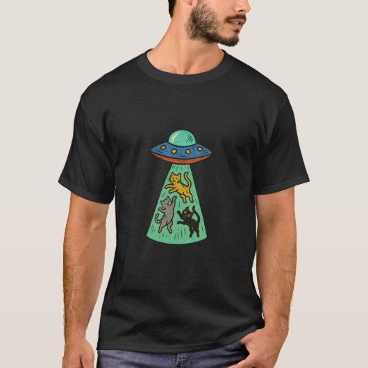 面白い宇宙人デザイン ネコをビームで吸い上げるUFO Tシャツ (正面)