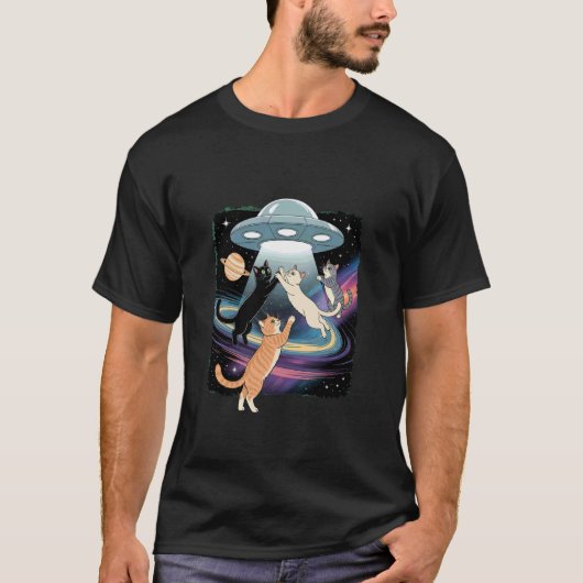 面白い宇宙猫好きのかわいい銀河子猫と飛行機 Tシャツ (正面)