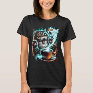 面白い怖がっている猫と幽霊の魚のデザイン Tシャツ
