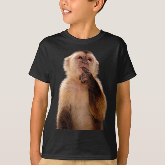 面白い思考する猿の表情を使ったサル メーム サラスティック Tシャツ (正面)