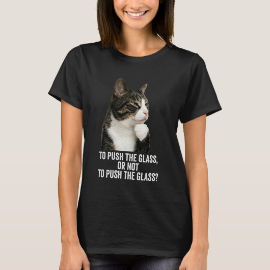 面白い思考猫 - ガラスを押す ロングスリーブ Tシャツ (正面)