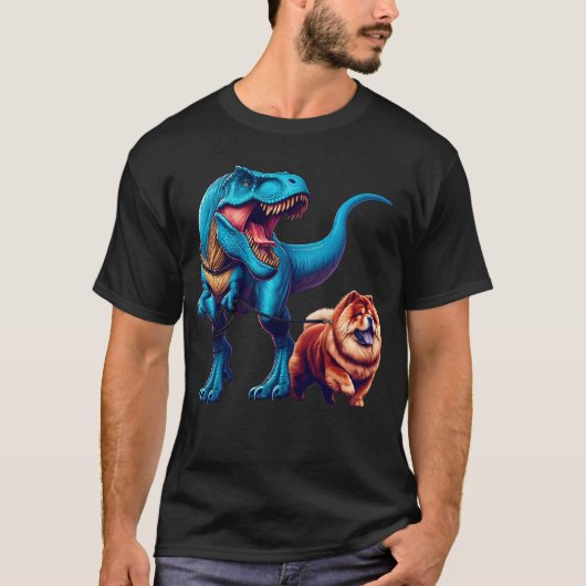 面白い恐竜とチャウチャウの散歩 - 犬好きのためのユニークなギフト Tシャツ (正面)