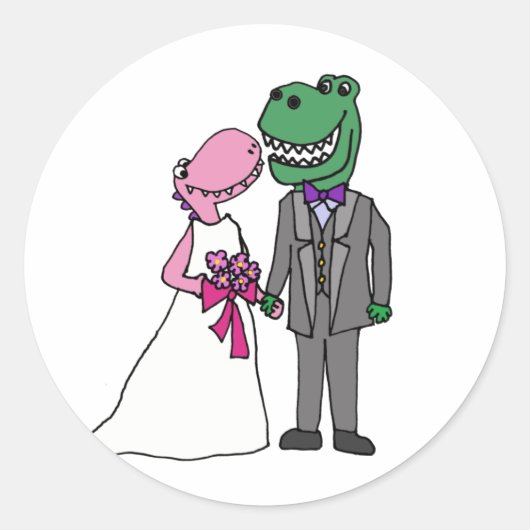 面白い恐竜の新婦新郎の結婚式 ティラノサウルス ラウンドシール (正面)