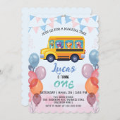 面白い恐竜の新学期バスの少年誕生日 招待状 (正面/裏面)