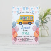 面白い恐竜の新学期バスの少年誕生日 招待状 (スタンド正面)