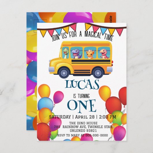 面白い恐竜の新学期バス少年誕生日 ポストカード (正面/裏面)