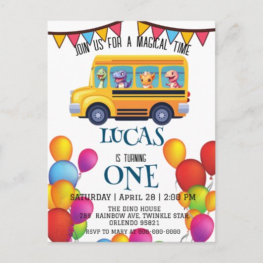 面白い恐竜の新学期バス少年誕生日 ポストカード (正面)