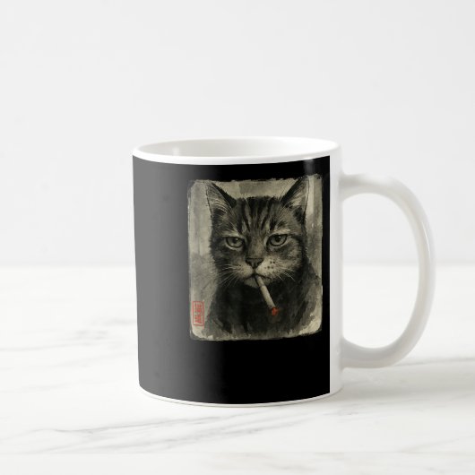 面白い悲しい猫の煙草の水墨画好き コーヒーマグカップ (右)