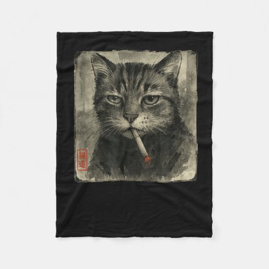 面白い悲しい猫の煙草メメ好きな墨絵 フリースブランケット (正面)
