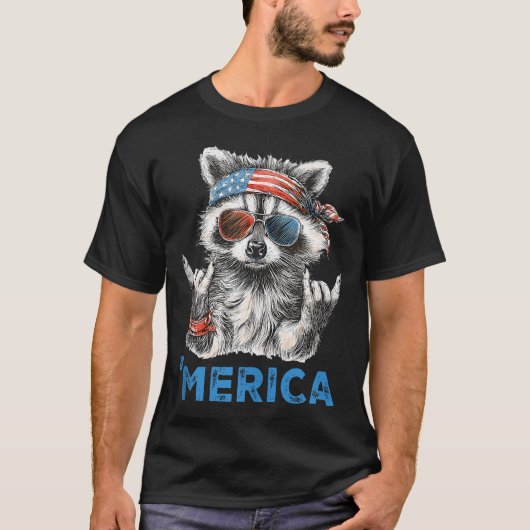 面白い愛国アライグマ ロッキンUSAプライド 7月4日 Tシャツ (正面)